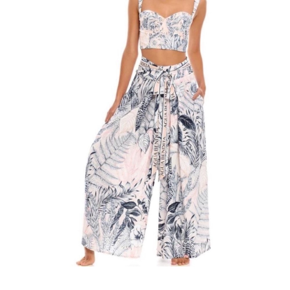 Agua Bendita Tropical Leaf Print Maxi Skirt in Soft Blush and Navy